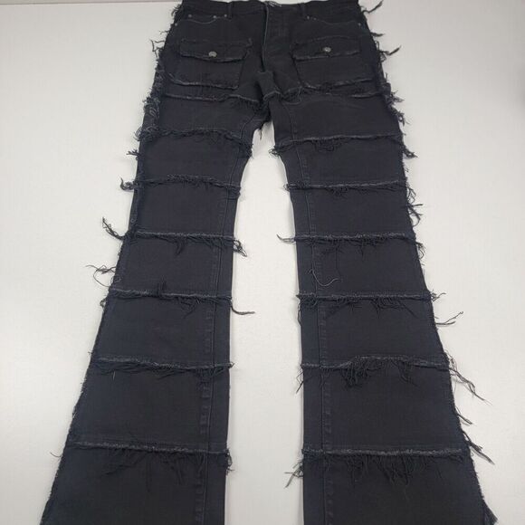 Valabasas Mens Stacked Button Fly Distressed Jeans Size 38 Fringed Black Pants - Picture 1 of 13